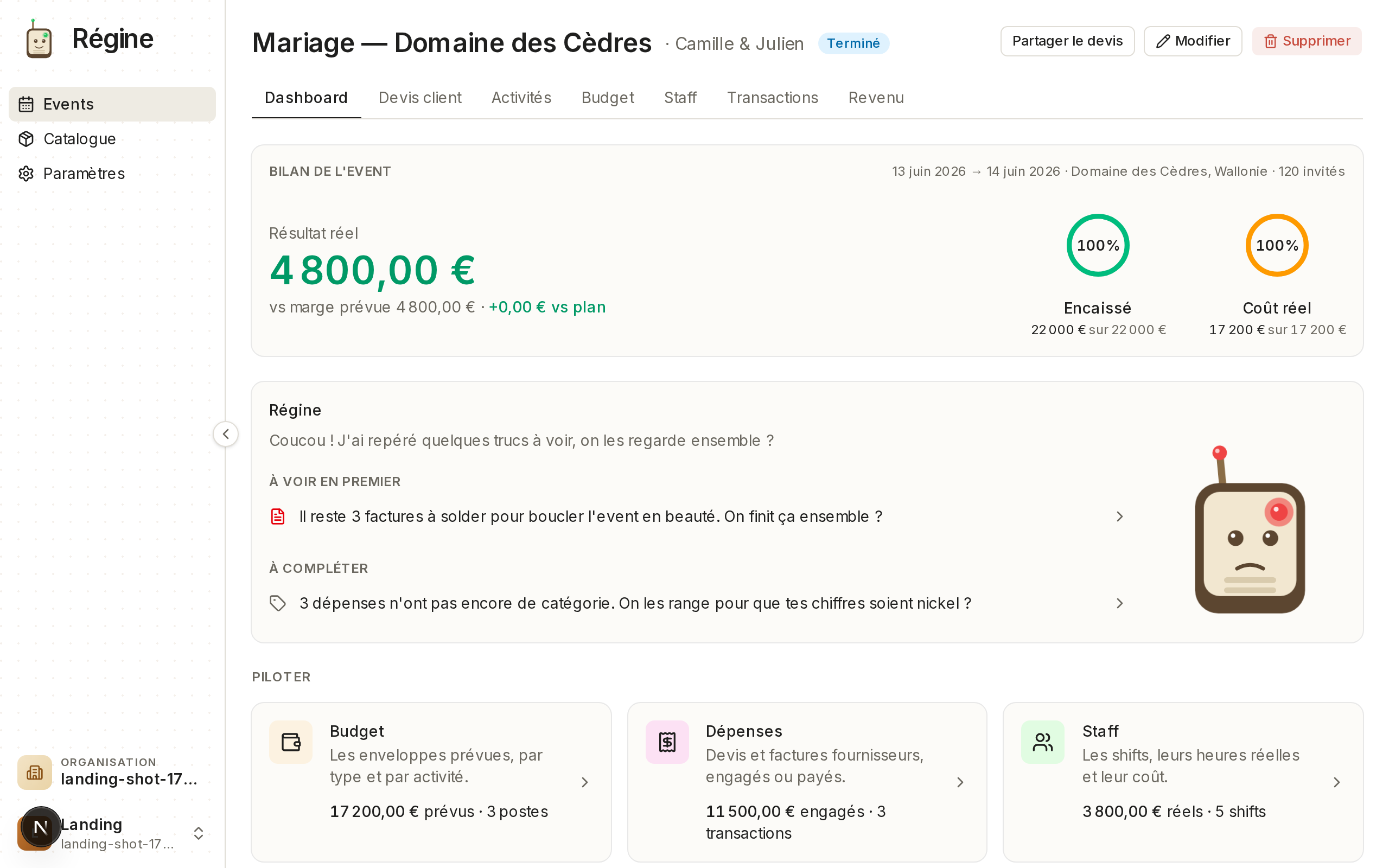 Régine : la marge réelle d'un event, calculée en direct.